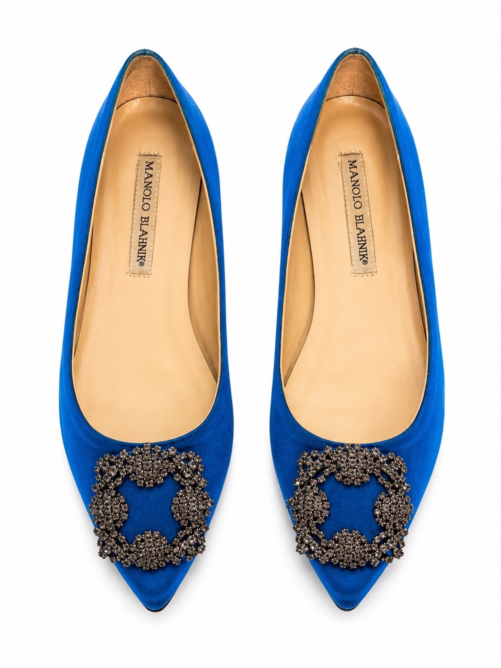 Manolo Blahnik Hangisi Blue Satin Crystal Buckle Flats EU 38 - Picture 2 of 9